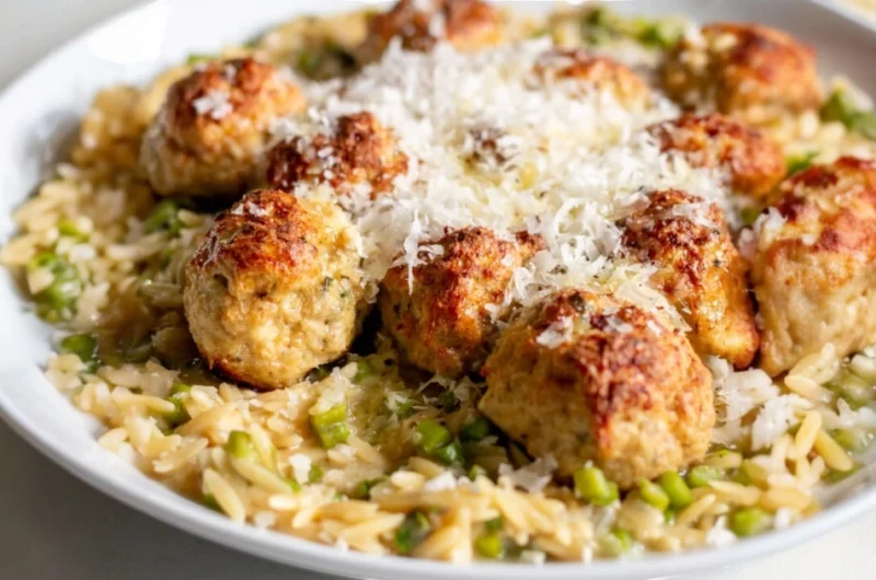 Boulettes de Poulet au Boursin et Citron avec Orzo au Fromage et Asperges